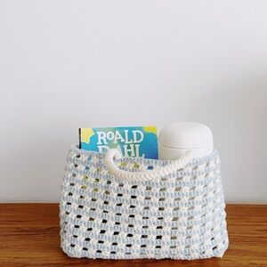 Handcrafted Woven Tote Bag - Cream and Blue